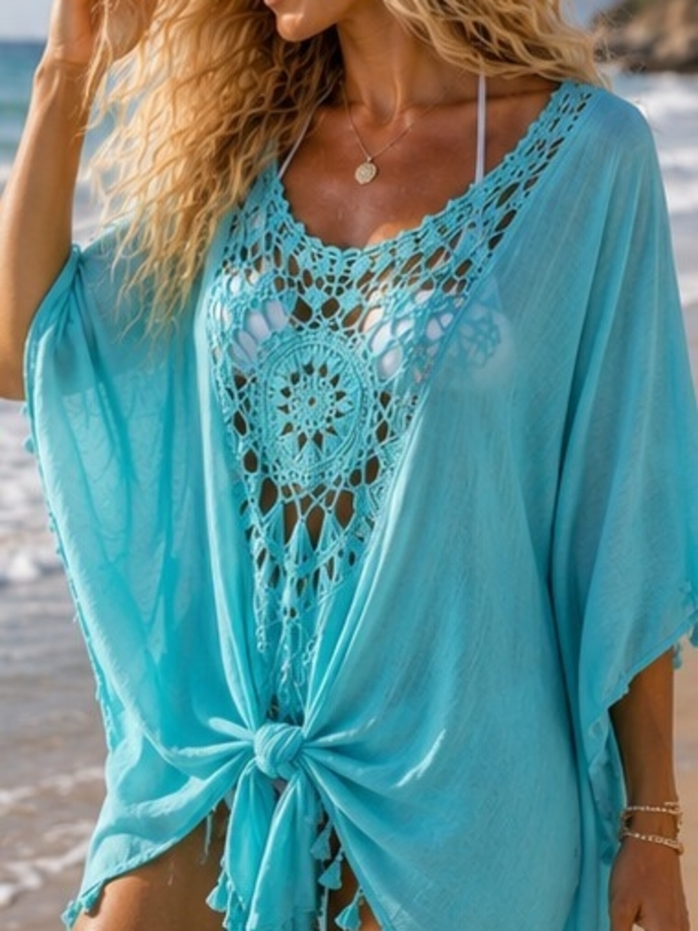 Turquoise Blue  Crochet Front And Back Women's Swim Coverup